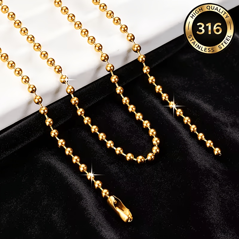 Classic Stainless Steel Golden Bead Chain, Unisex Design